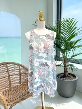 C&C California 100% Linen Sleeveless‎ Dress Tropical Palm Floral Toucan Sz XS